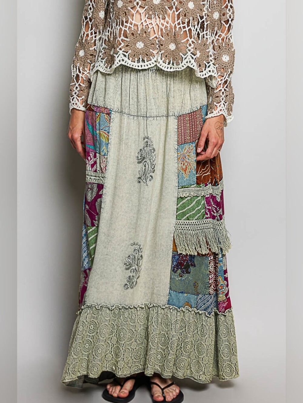 2-0610 POL Patchwork Fringe Boho Maxi Skirt in Sage Green - Picture 3 of 6